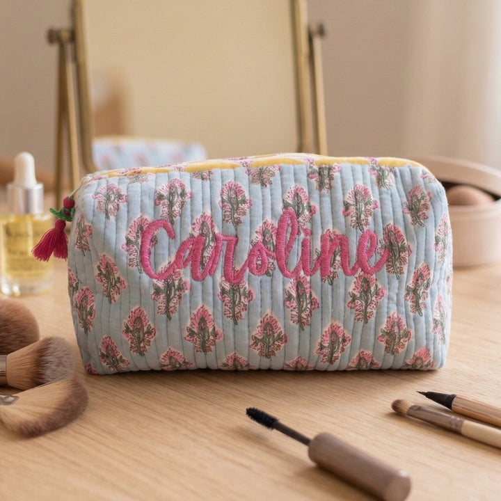 Personalized Block Printed Light Blue Cotton Cosmetic Pouch