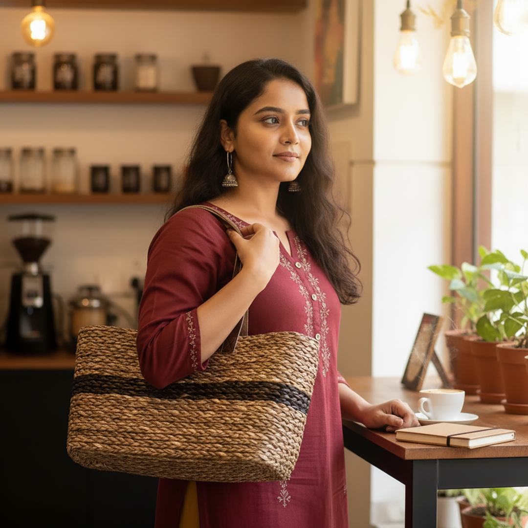 Handmade Grass Woven Single Striped Black Sabai Mesh Handbag