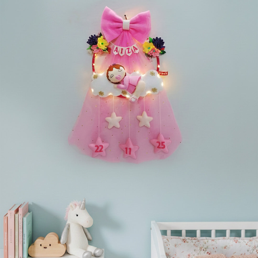 Personalized Cloud Theme Felt Kids Name Plate With Light For Girls