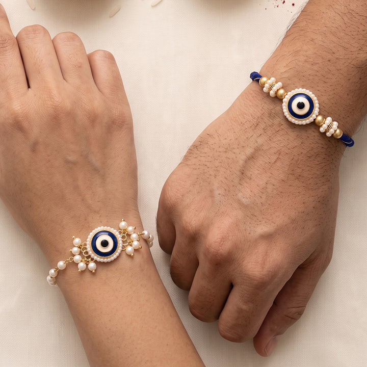 Reusable Evil Eye & Pearl Couple Rakhi With Roli Chawal For Bhaiya Bhabhi | Set of 2
