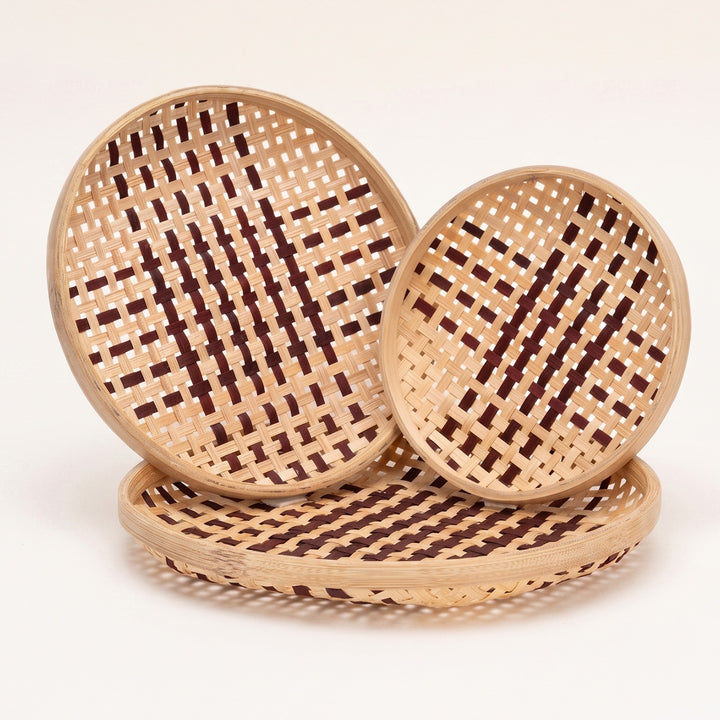 Set of 3 | "Rilo" Handcrafted Woven Bamboo Wall Plate With Lacquered Finish For Festive Decor