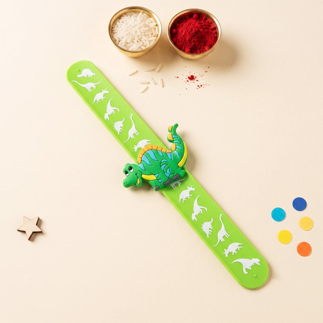 Handmade Green Dinosaur Silicone Slap Band Rakhi For Kids With Roli Chawal For Brother