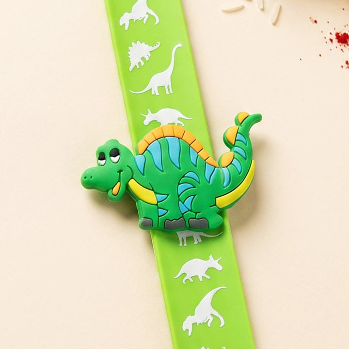 Handmade Green Dinosaur Silicone Slap Band Rakhi For Kids With Roli Chawal For Brother