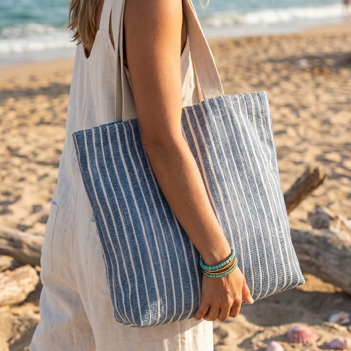 Indigo Blue and White Striped Upcycled Plastic Handcrafted Classic Tote Bag For Everyday Use