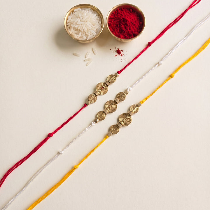 Beaded Spiral Motif Rakhi With Roli Chawal For Brother | Set of 3