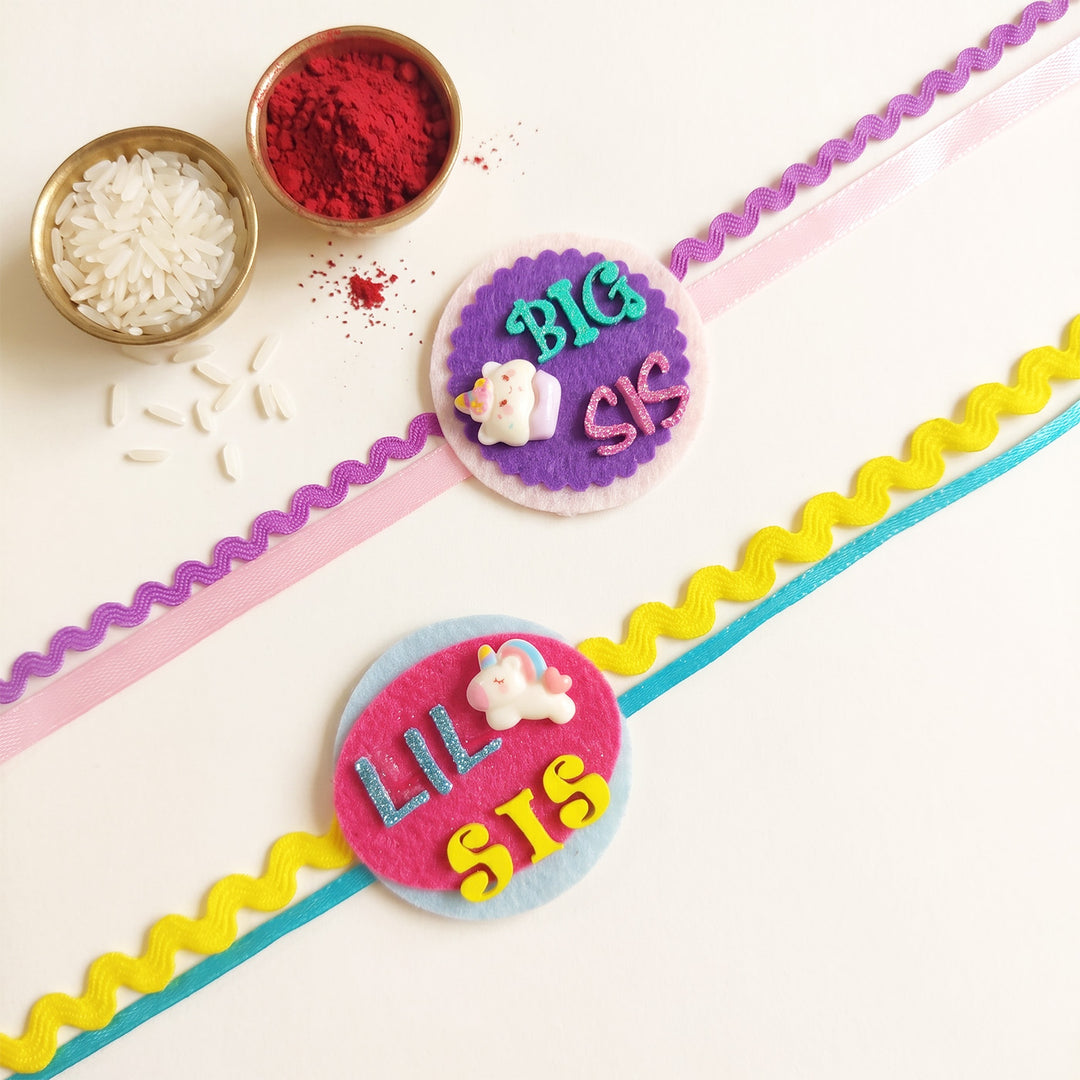 Handmade "Big Sis" Unicorn & "Lil Sis" Unicorn Felt Kids Rakhi Combo With Roli Chawal For Sisters | Set Of 2