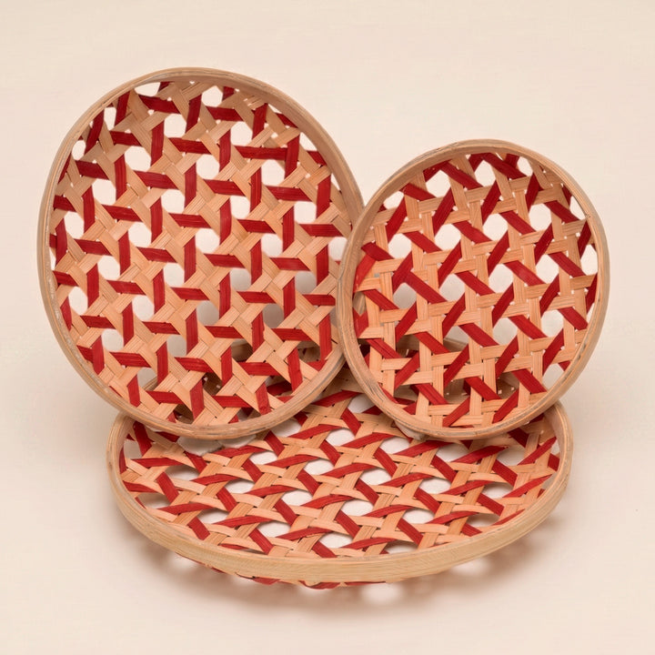 Set of 3 | "Kivo" Handcrafted Woven Bamboo Wall Plate With Lacquered Finish For Festive Decor