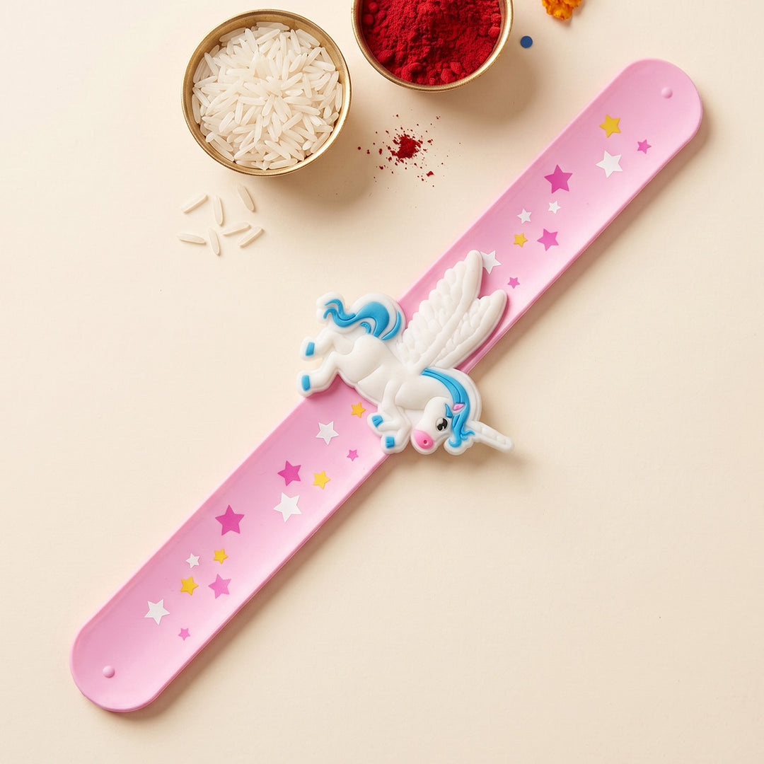 Handmade Light Pink Unicorn Silicone Slap Band Rakhi For Kids With Roli Chawal For Brother