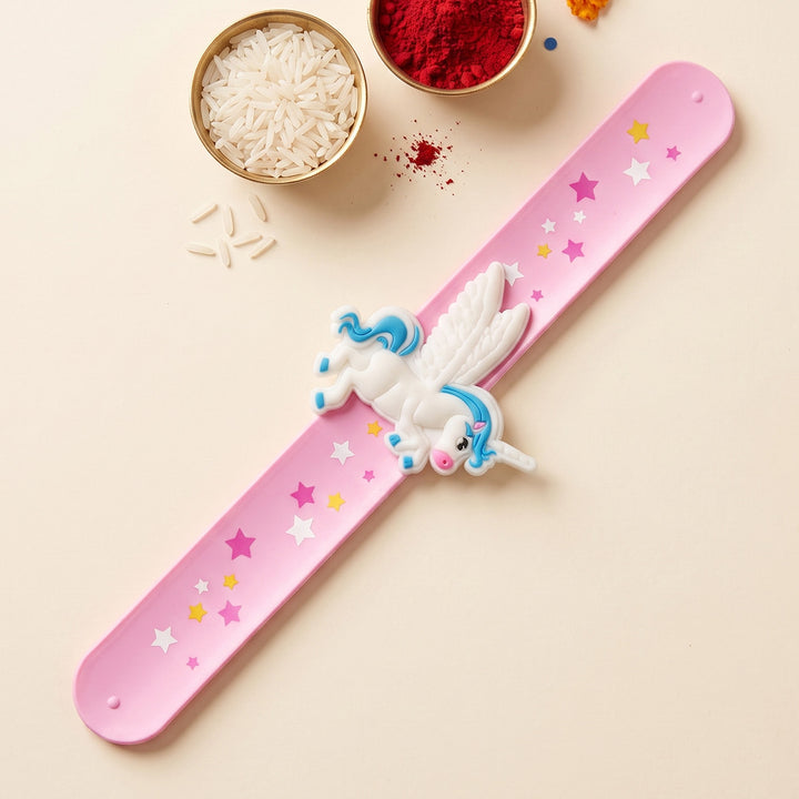 Handmade Light Pink Unicorn Silicone Slap Band Rakhi For Kids With Roli Chawal For Brother