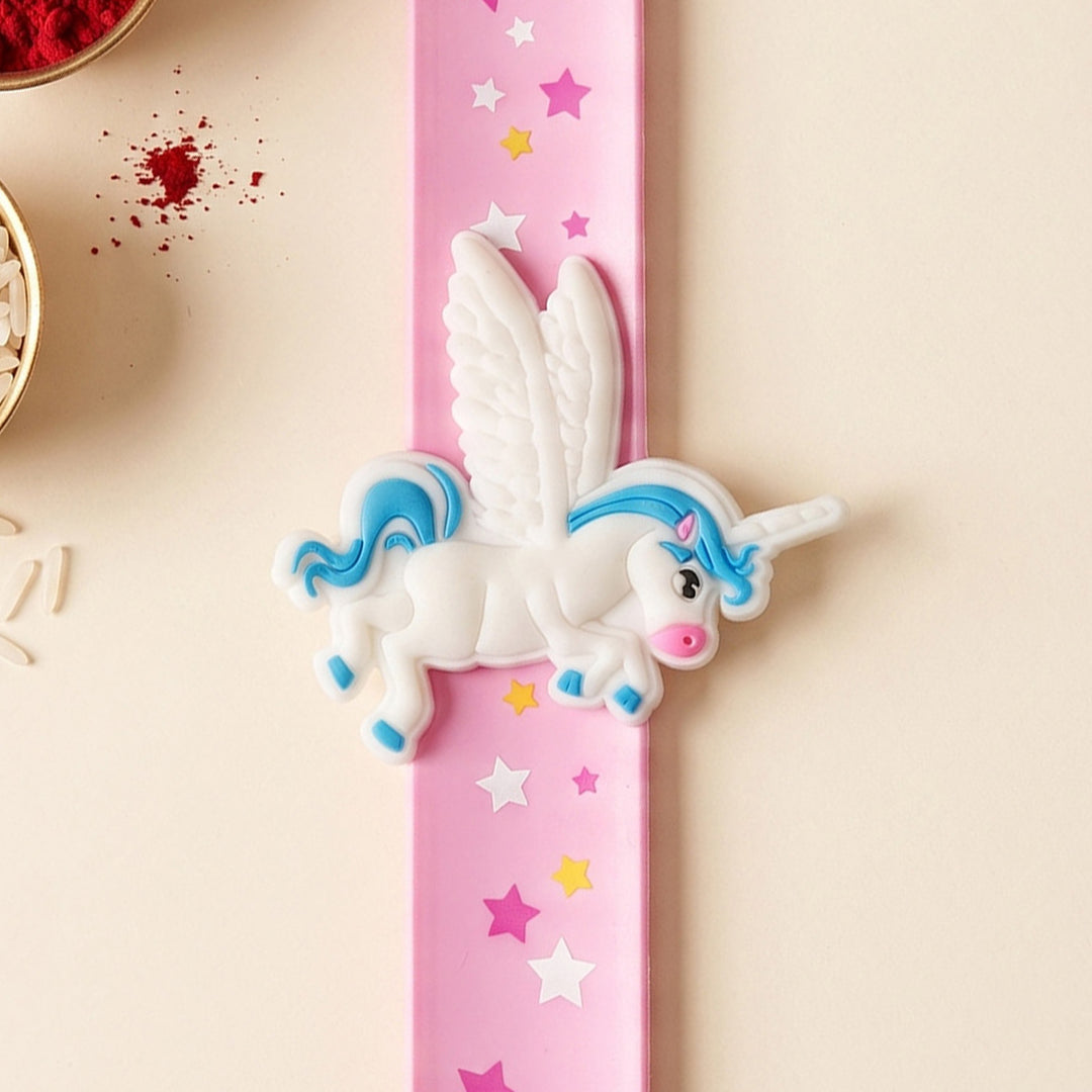 Handmade Light Pink Unicorn Silicone Slap Band Rakhi For Kids With Roli Chawal For Brother