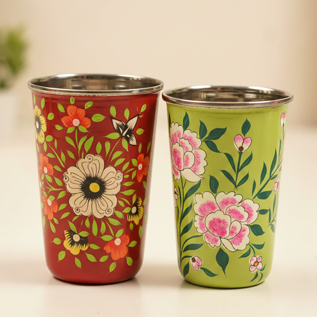 2Pc | Hand-Painted Red & Green Floral Kashmiri Art Stainless Steel Large Glasses