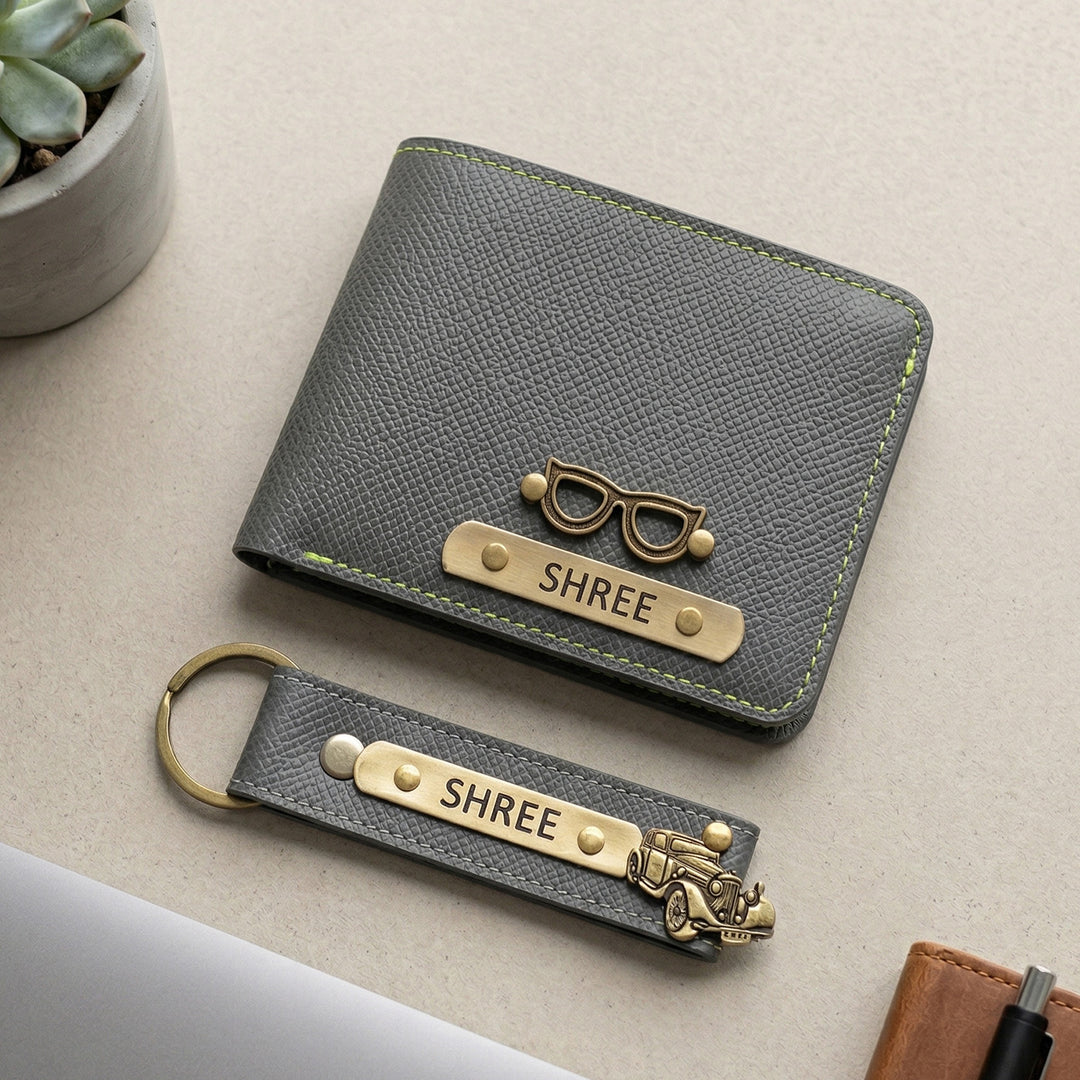 2 Pc | Personalized Faux Leather Gift Set For Men | Includes 1 Wallet, 1 Keychain