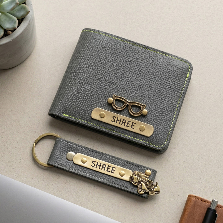 2 Pc | Personalized Faux Leather Gift Set For Men | Includes 1 Wallet, 1 Keychain