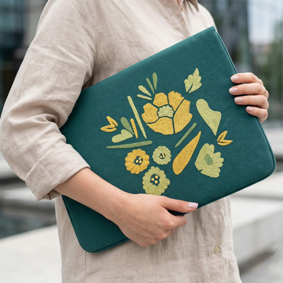 Corsage Aari Embroidered Green Floral Laptop Sleeve