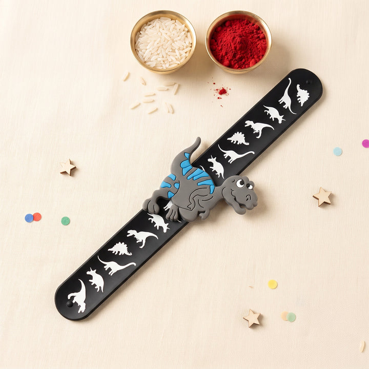 Handmade Black Dinosaur Silicone Slap Band Rakhi For Kids With Roli Chawal For Brother