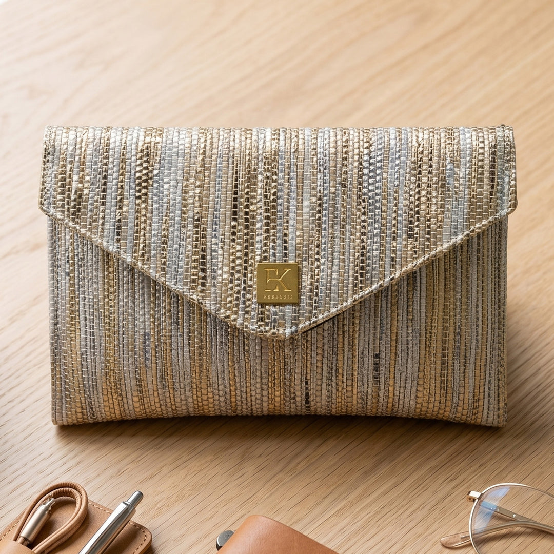 Golden and Silver Striped Upcycled Plastic Handcrafted Envelope Clutch Sling