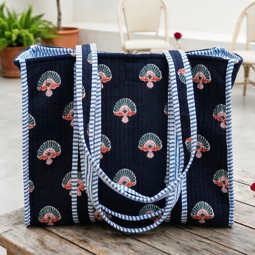 Handmade Fanfare Indigo Cotton Tote Bag