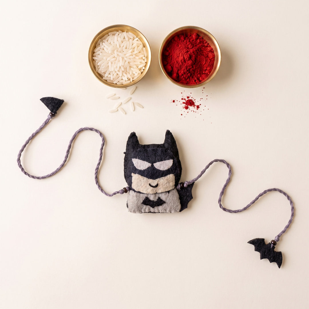 Hand Embroidered Batman Superhero Rakhi With Brooch Pin & Keychain For Brother
