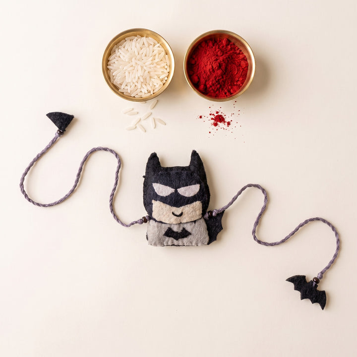 Hand Embroidered Batman Superhero Rakhi With Brooch Pin & Keychain For Brother