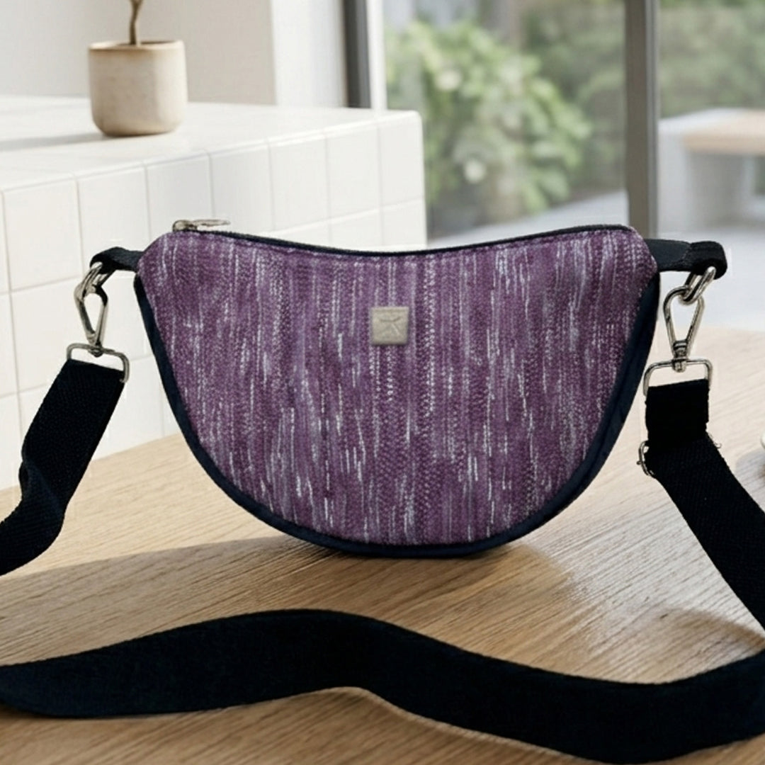White and Purple Striped Upcycled Plastic Handcrafted Mini Curve Sling Bag