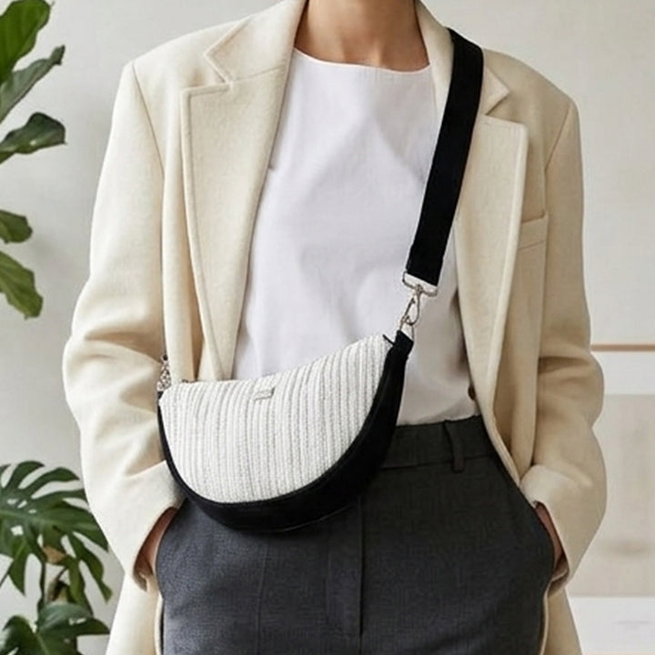 White and Silver Striped Upcycled Plastic Handcrafted Mini Curve Sling Bag