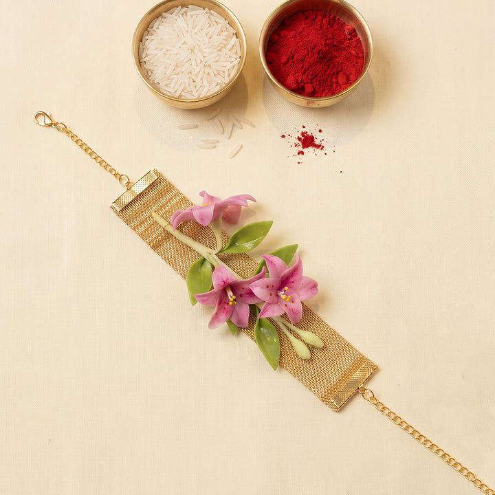Polymer Clay Floral Bracelet Lumba Rakhi With Roli Chawal For Sister/Bhabhi