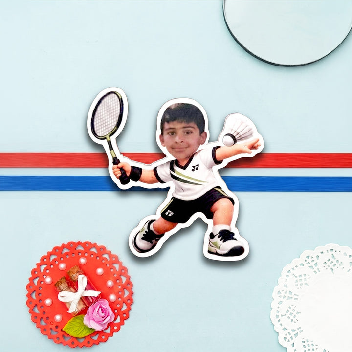Reusable Personalized Badminton Player Photo Caricature Magnetic Rakhi With Roli Chawal For Brother