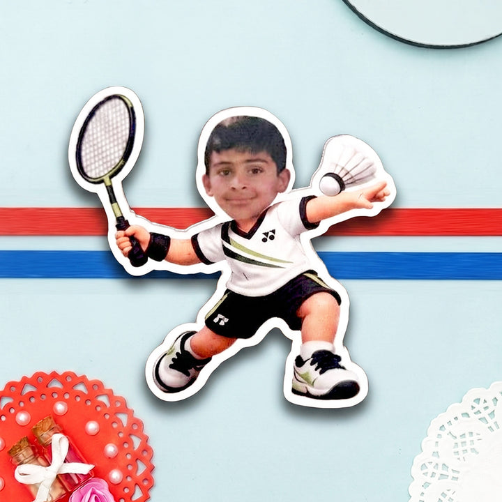 Reusable Personalized Badminton Player Photo Caricature Magnetic Rakhi With Roli Chawal For Brother