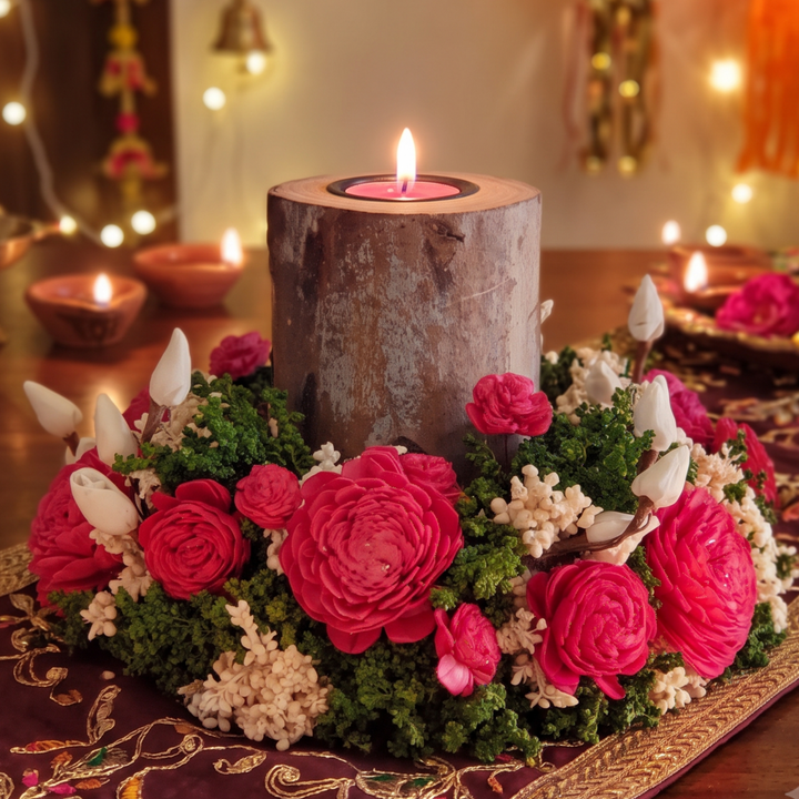 Handmade Elegant Red Shola Flower Centerpiece With Candle Holder