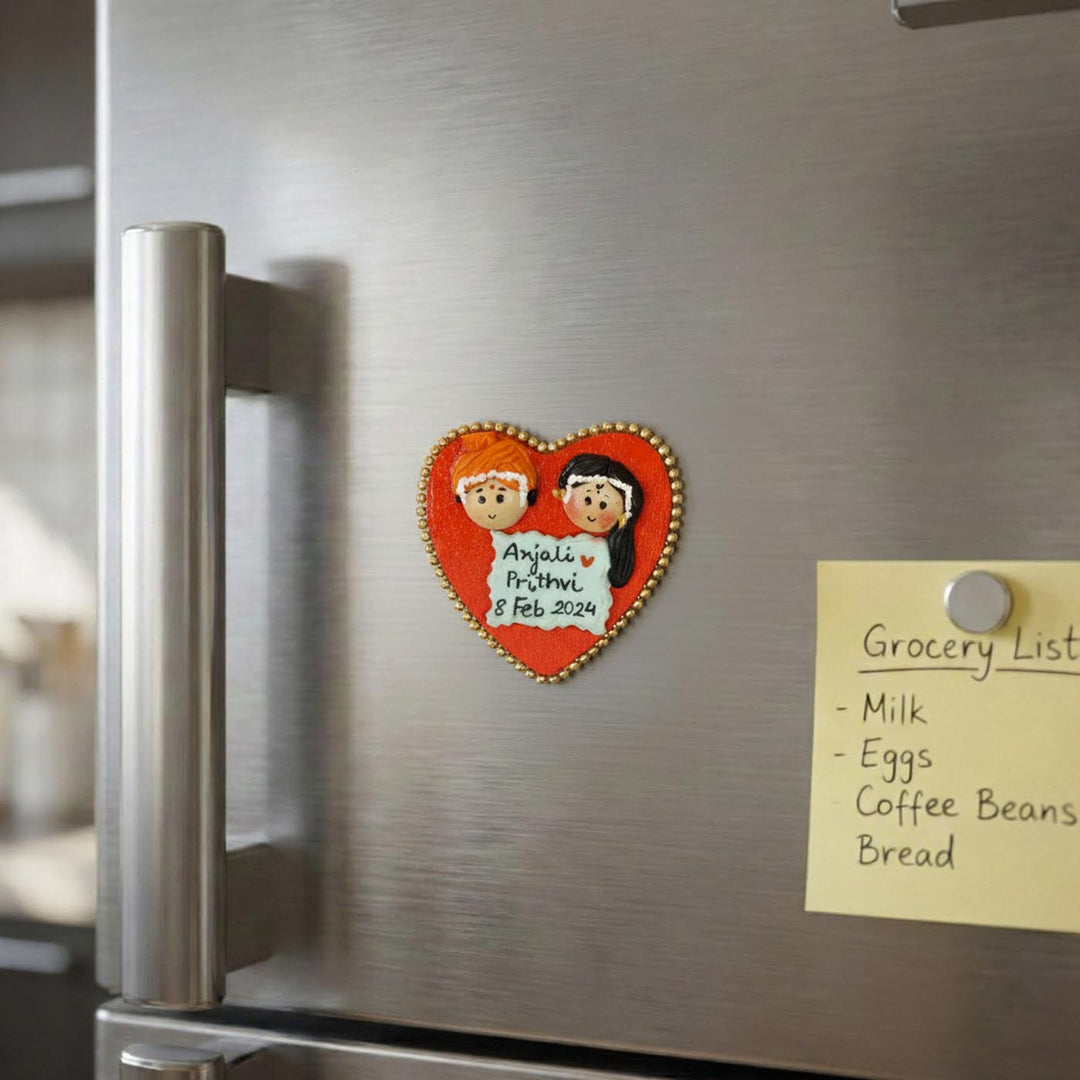 North Indian Couple Handmade Personalized Polymer Clay Heart Fridge Magents