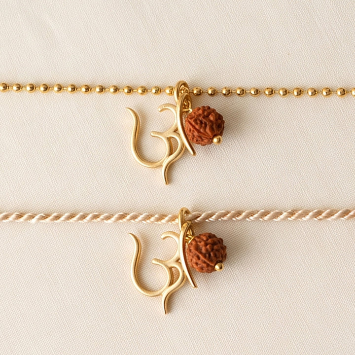 Sacred Om With Rudraksh Gold Plated Sterling Silver Rakhi & Lumba Set With Roli Chawal For Bhaiya Bhabhi | Set of 2