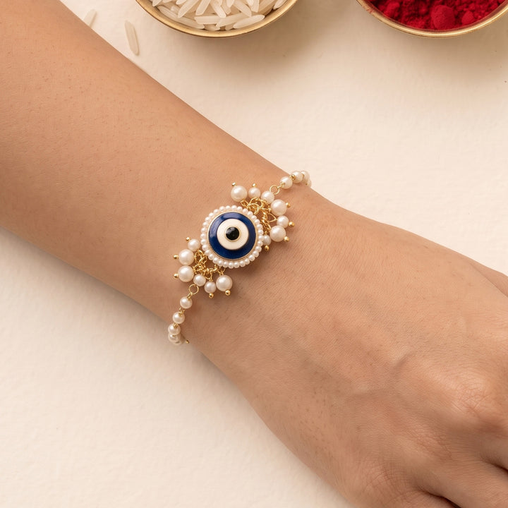 Reusable Evil Eye Pearl Bracelet Rakhi With Roli Chawal For Sister/Bhabhi