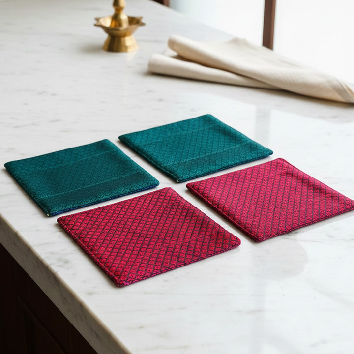 Reversible Handmade Red & Green Khunn Fabric Cotton Coasters | Set Of 4