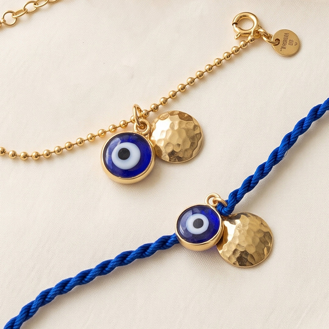 Evil Eye Gold Plated Sterling Silver Rakhi & Lumba Set With Roli Chawal For Bhaiya Bhabhi | Set of 2