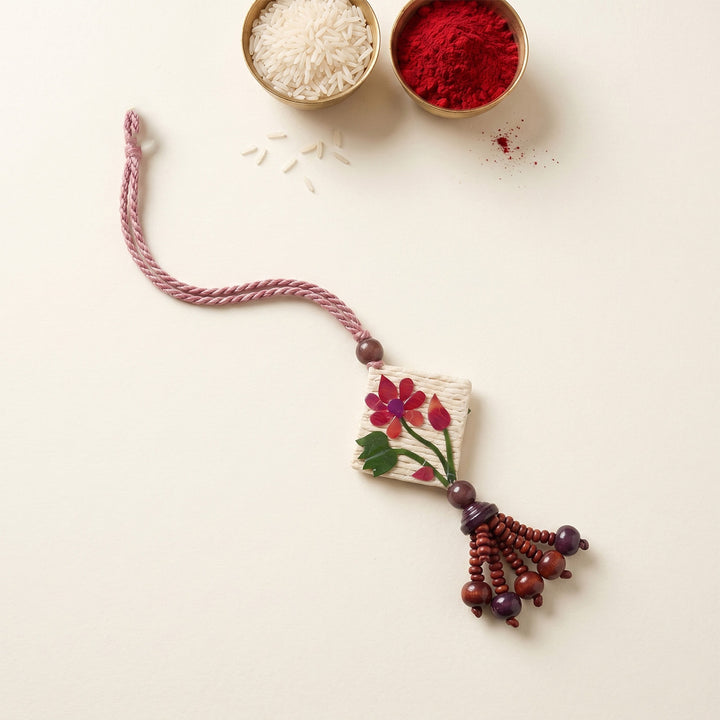 Handmade Pressed Flower Art Lotus Rakhi Lumba With Roli Chawal For Bhaiya Bhabhi