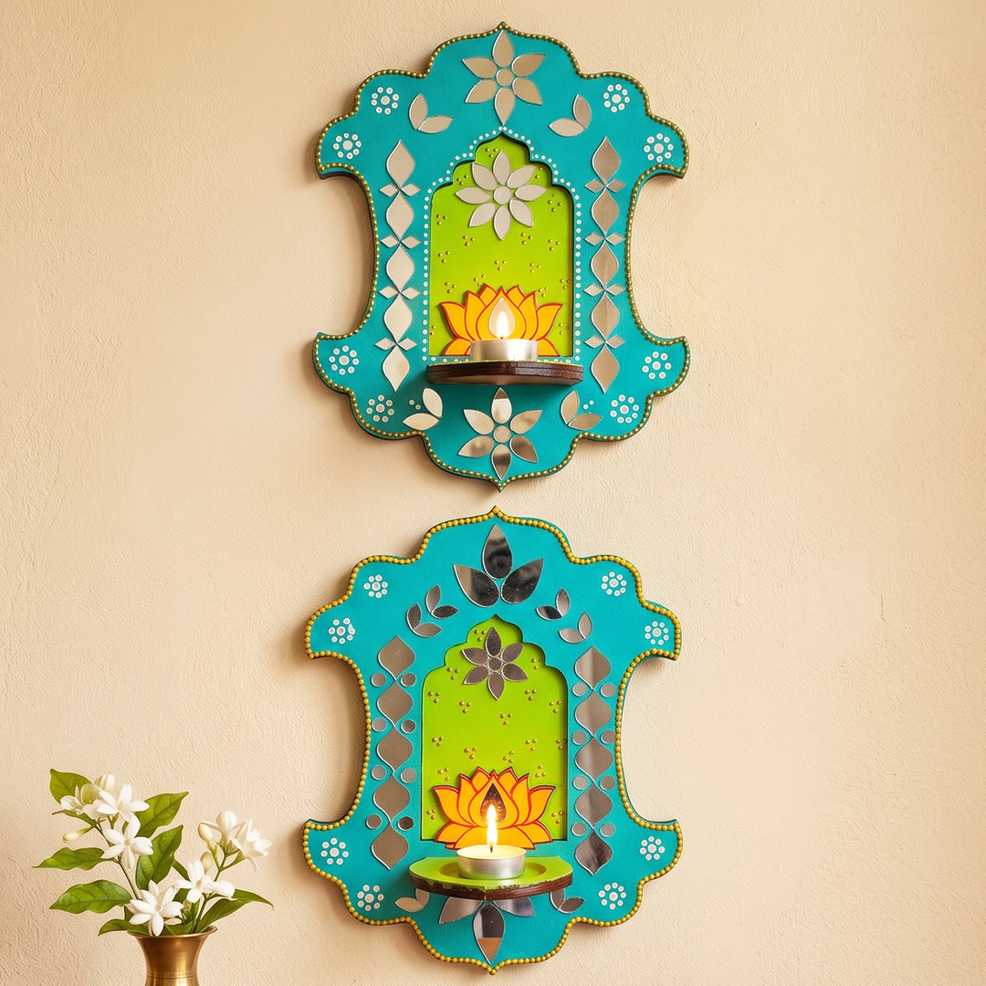 Set of 2 | Lotus Inspired Jharokha MDF Wall Hanging Tealight Holders For Festive Decor
