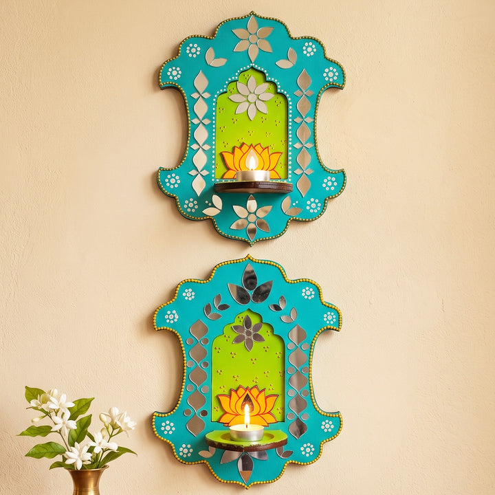 Set of 2 | Lotus Inspired Jharokha MDF Wall Hanging Tealight Holders For Festive Decor