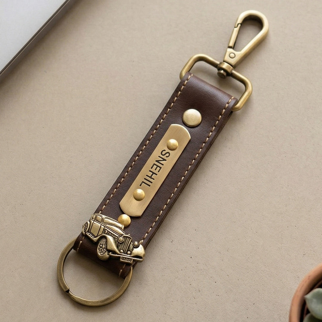 Personalized Faux Leather Key Chain With Charm