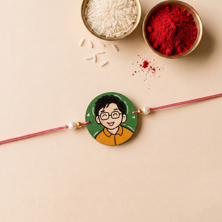 Photo Personalized Handpainted Reusable Caricature Mdf Wood Rakhi With Roli Chawal For Younger Brother