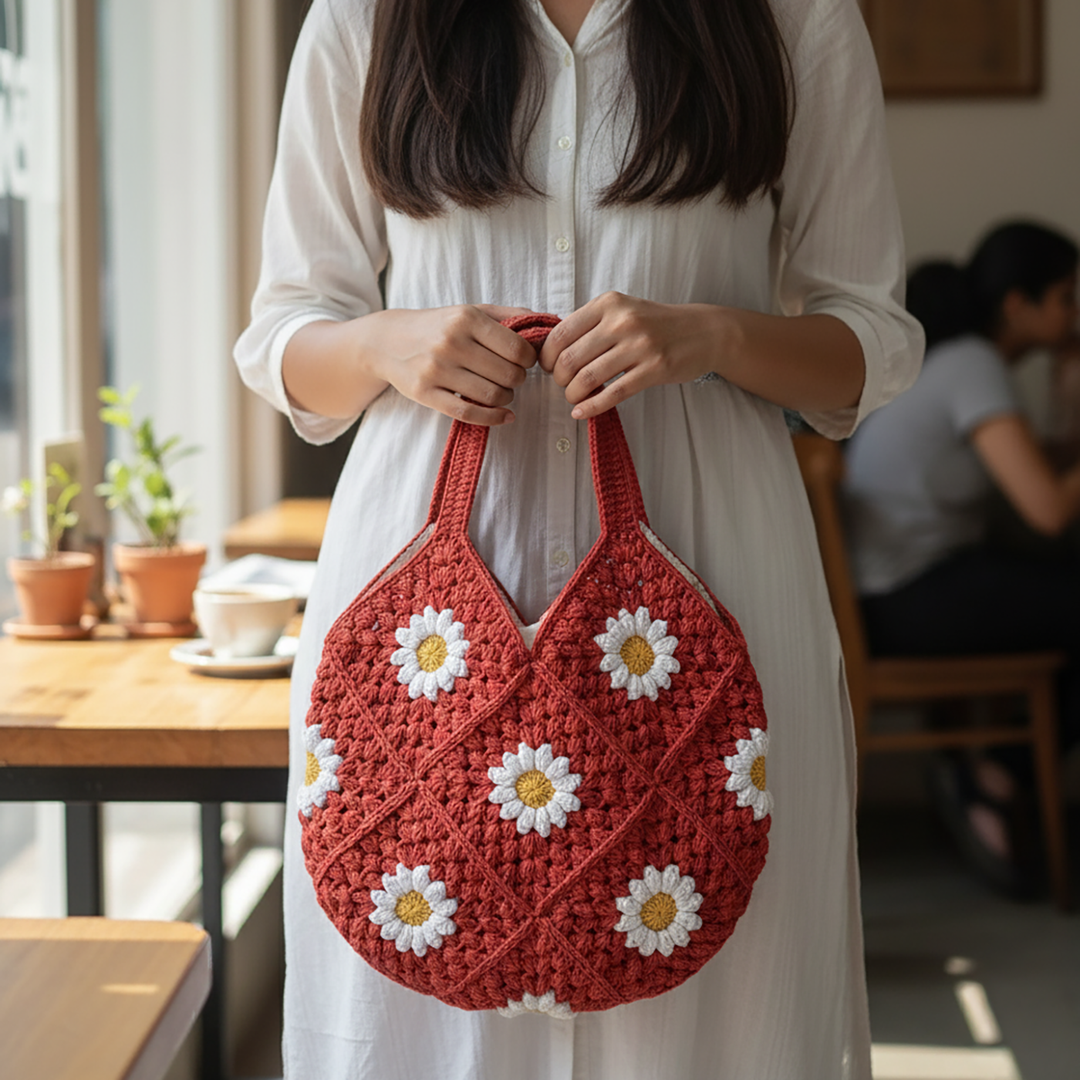 Handmade Crochet Pink Daisy Hobo Shoulder Bag