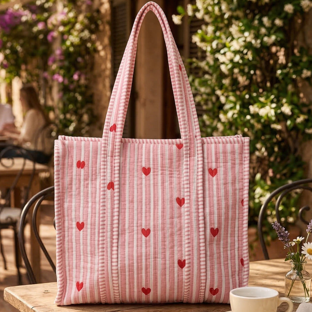 Handmade Pink Heartbeat Cotton Tote Bag