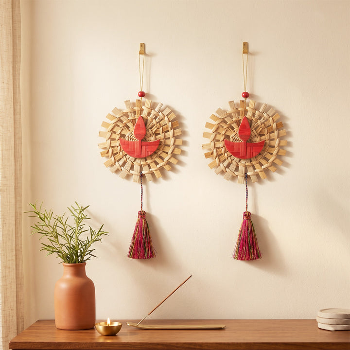 Set of 2 | "Mandala" Diya Handcrafted Bamboo Wall Hanging With Diya Accent For Festive Decor
