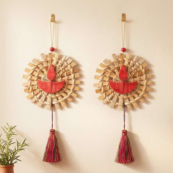 Set of 2 | "Mandala" Diya Handcrafted Bamboo Wall Hanging With Diya Accent For Festive Decor