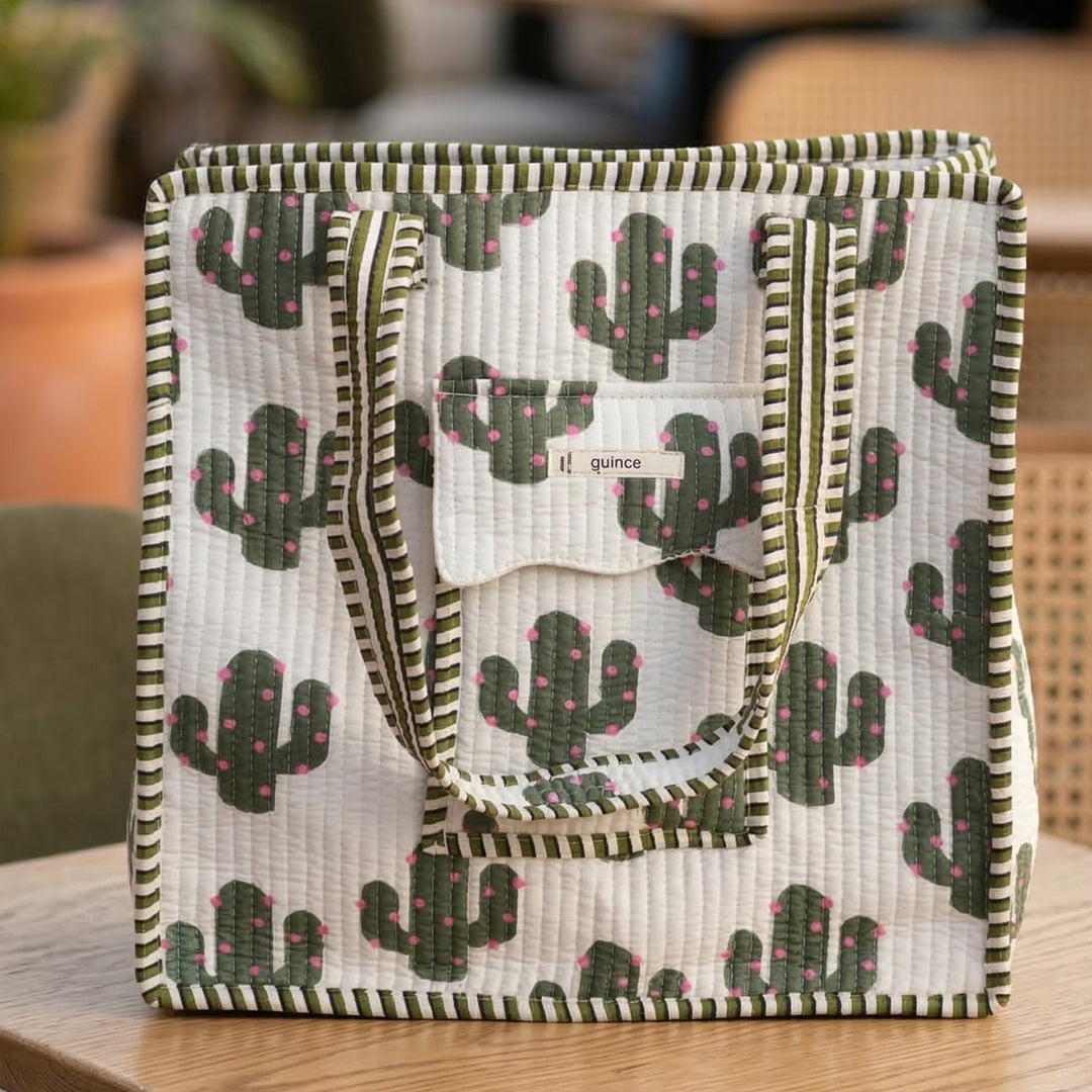 Handmade White & Green Cactus Cotton Tote Bag