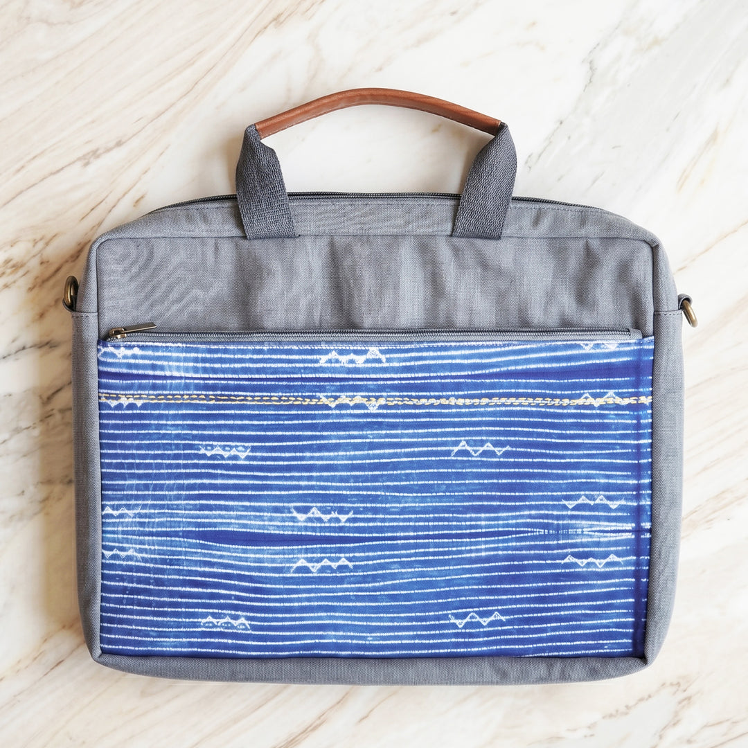Handcrafted Waterproof Grey Shibori Laptop Bag with Vegan Leather