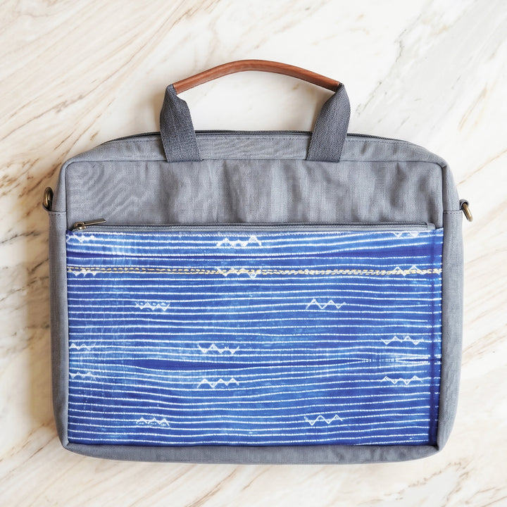 Handcrafted Waterproof Grey Shibori Laptop Bag with Vegan Leather