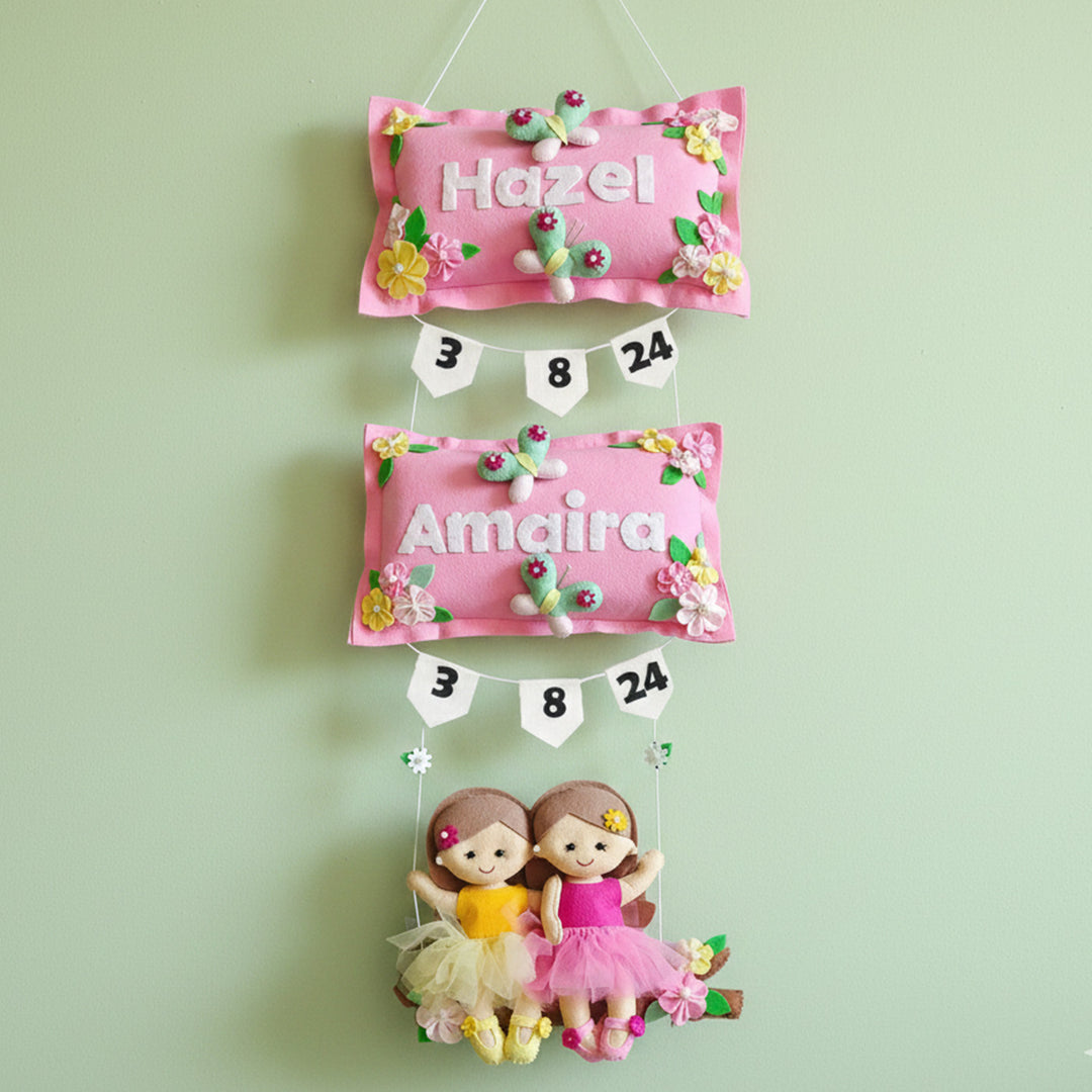 Hand-stitched Pillow & Swing Theme Felt Kids Name Plate for Siblings