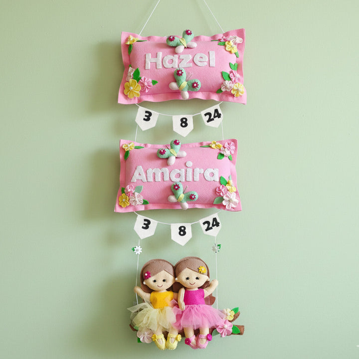 Hand-stitched Pillow & Swing Theme Felt Kids Name Plate for Siblings