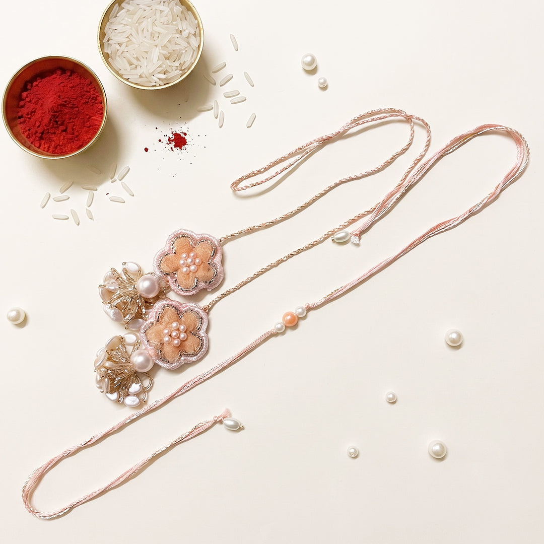 Handmade Kanak Moti Pearl Couple Rakhi Lumba Set With Roli Chawal For Bhaiya Bhabhi