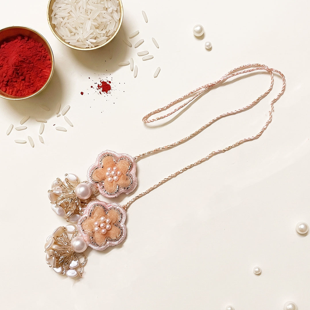 Handmade Kanak Moti Pearl Couple Rakhi Lumba Set With Roli Chawal For Bhaiya Bhabhi